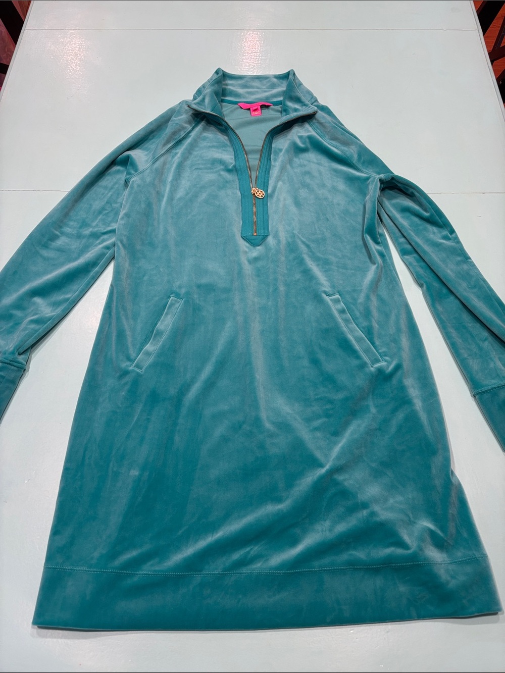 Lilly Pulitzer Teal Velour Quarter-Zip Dress
